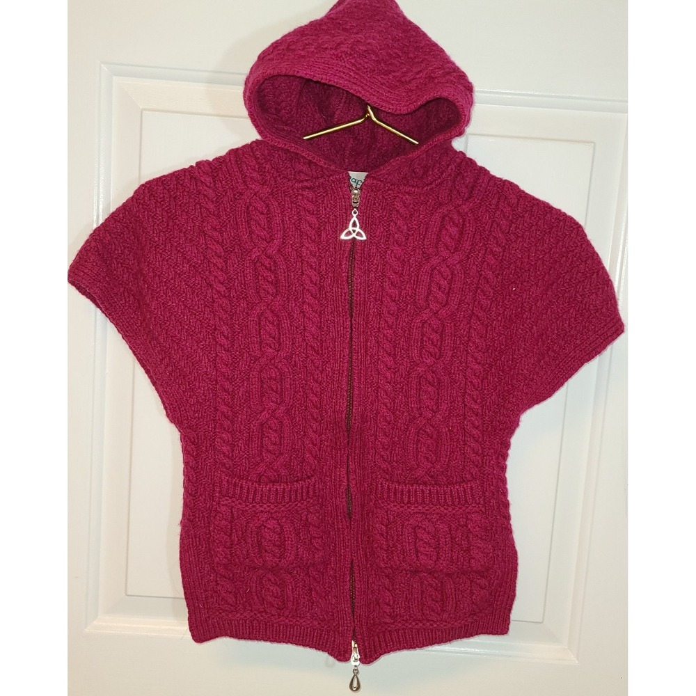 Aran Sweater Market Girls Deep Pink Merino Wool Hooded Cable Knit Full Zip 6-7